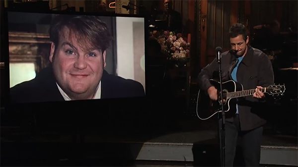 Adam Sandler pllaying Takamine guitar in tribute to Chris Farley